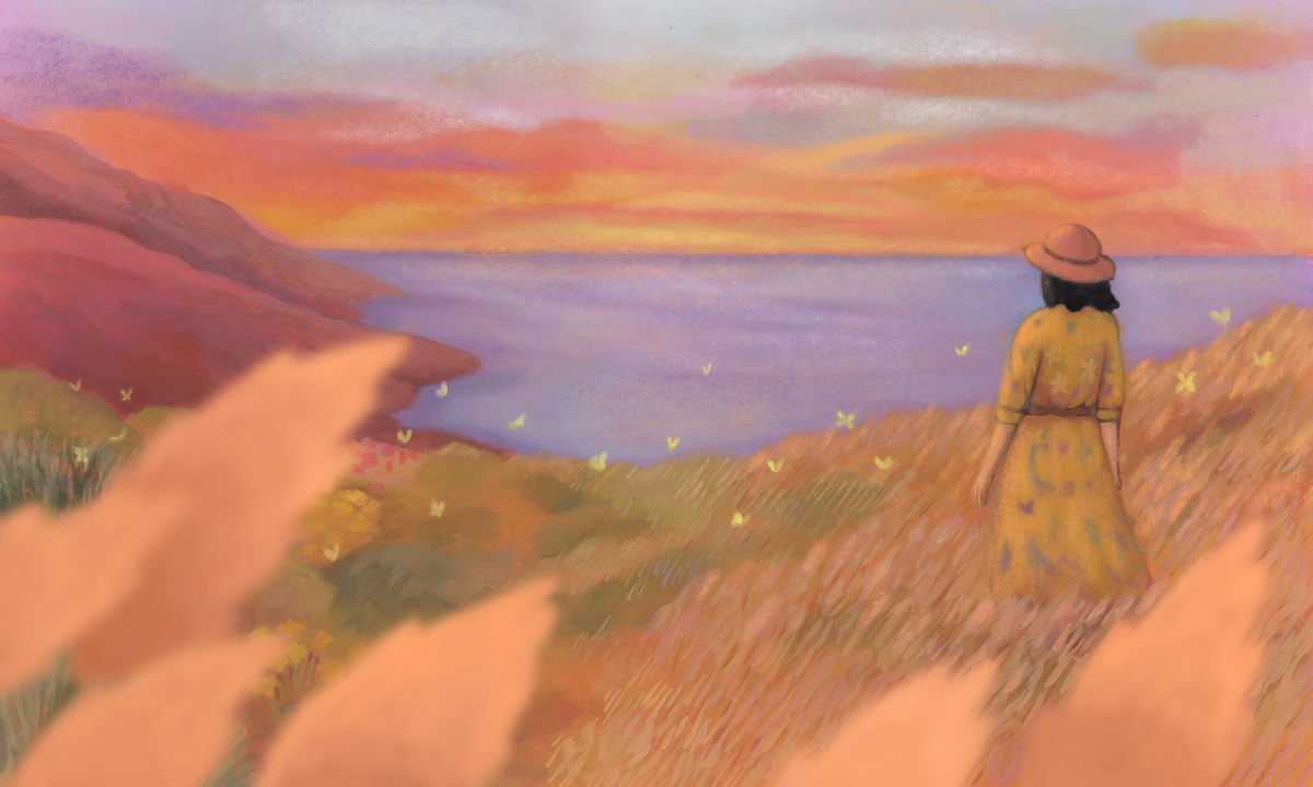 Illustrated nature landscape from Into Nature Mail showing an explorer overlooking the water at sunset